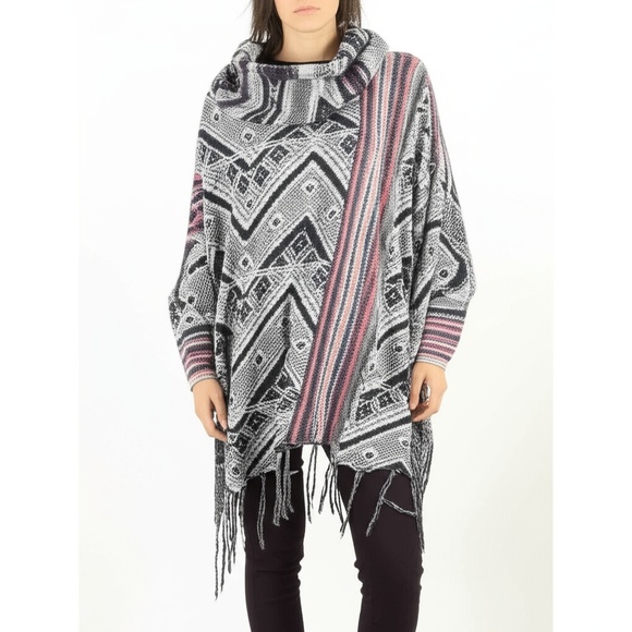 Free People Sweaters - Free‎ People Womens Be The One Wool Fringe Aztec Cowl Neck Sweater Poncho XS